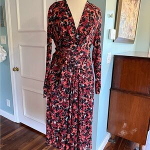 Diane von Furstenberg abstract floral mesh wrap dress with ruching and v-neck